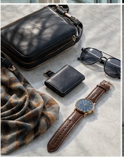 Tạo ảnh flatlay phụ kiện thời trang gồm túi, ví, kính, đồng hồ