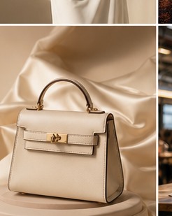 Tạo ảnh túi xách nữ luxury trên bục studio ánh sáng mềm