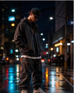 Tạo ảnh set đồ nam streetwear ban đêm có hiệu ứng ánh sáng cinematic
